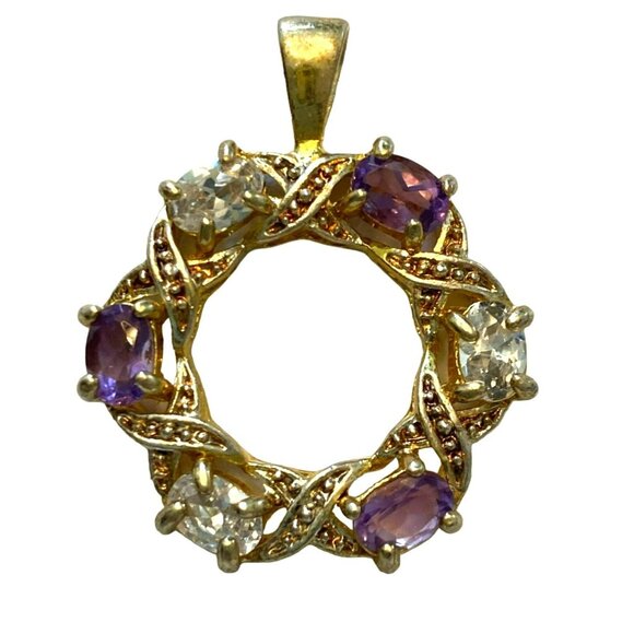 Jewelry - Vintage Clear Cubic Zirconia & Amethyst Gold Tone Wreath Pendant 1 inch diameter